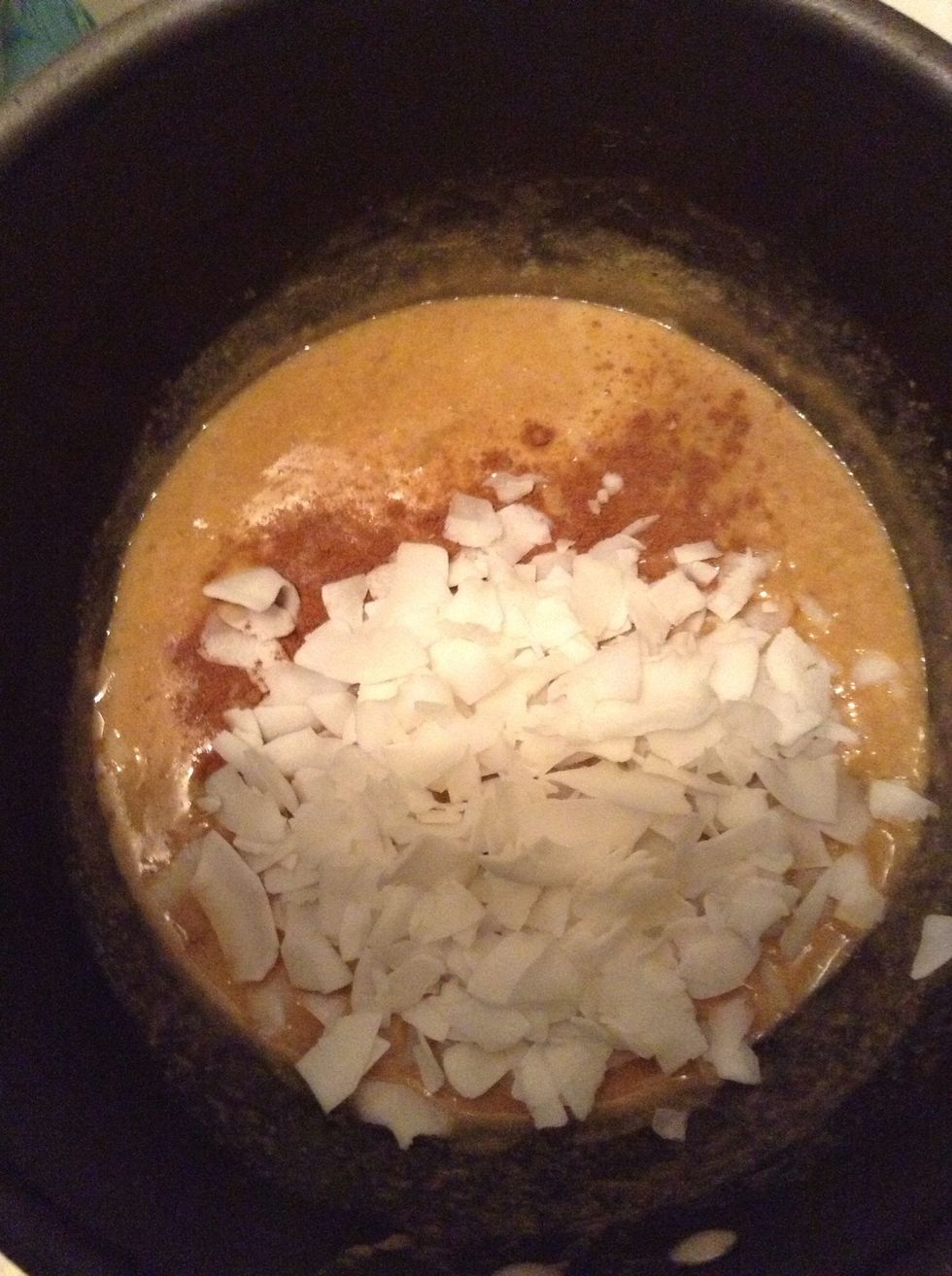 Add flaked coconut to the mixture. Shredded coconut would work as well but I prefer the bigger flakes. You can use sweetened or unsweetened. I don't like it really sweet so I use unsweetened