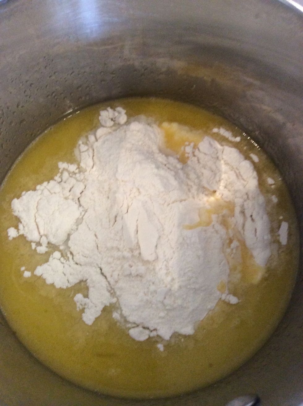 Add flour all at once then beat the butter and flour together with wooden spoon until mixture comes together.
