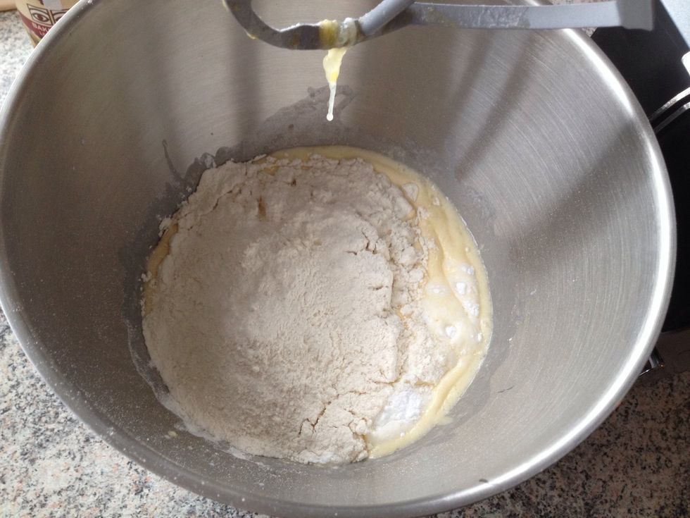 Add flour, baking powder and milk