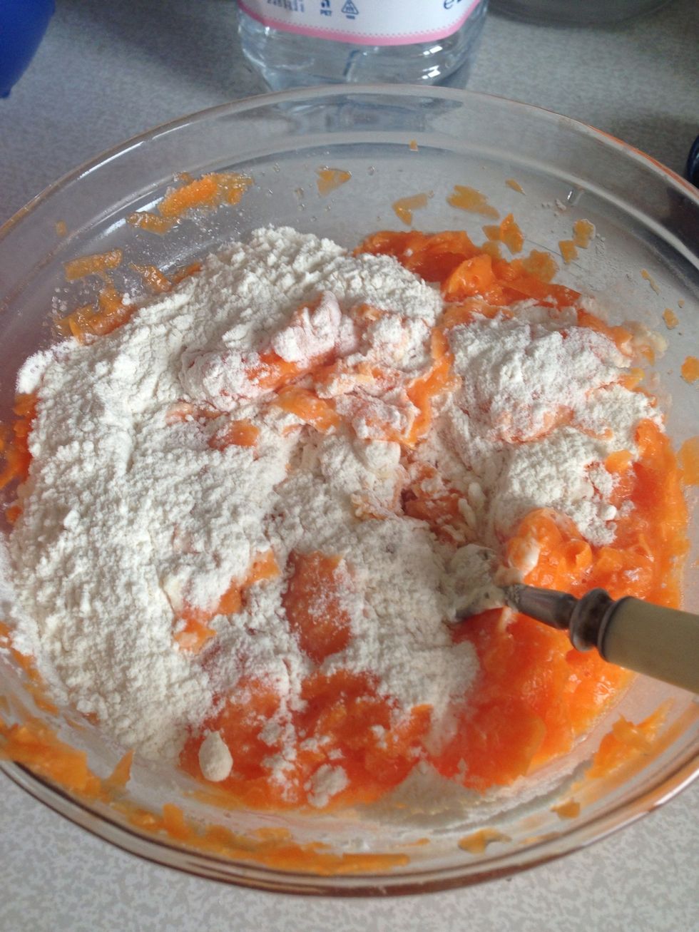 Add flour, baking powder and stir well