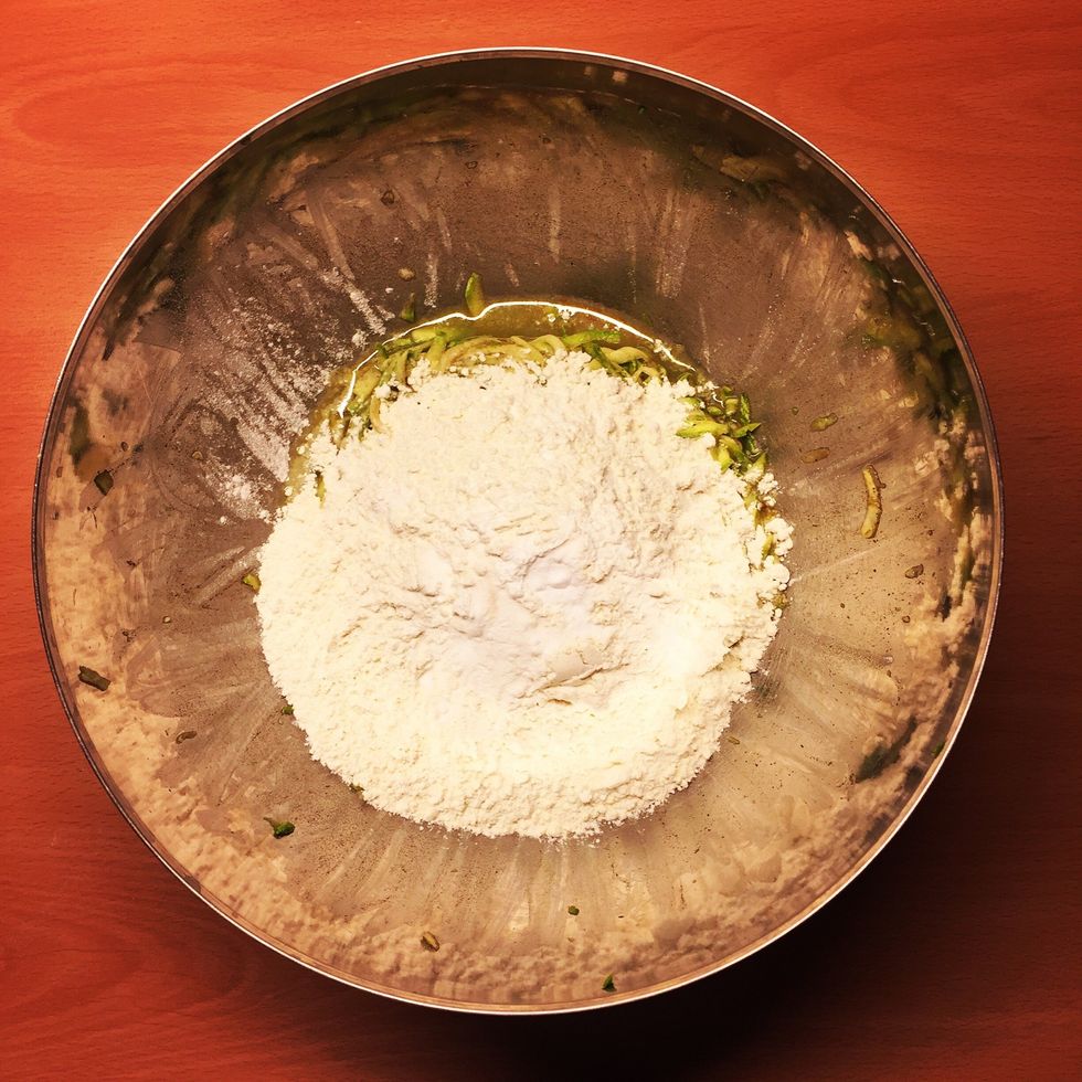 Add flour, baking powder, soda and 1 cup of water