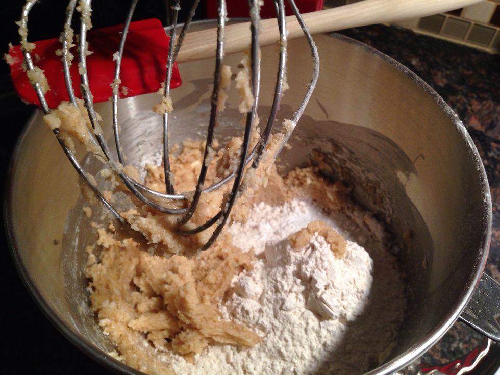 Add flour, baking soda, and salt to your mixture. Continue on medium speed.