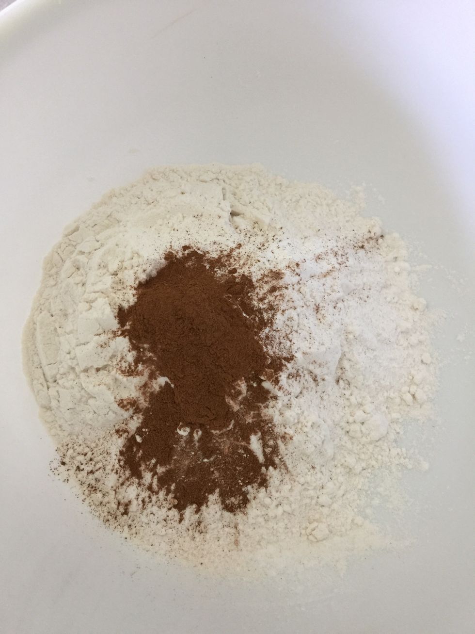 Add flour, baking soda, baking powder, and ground cinnamon to a bowl.