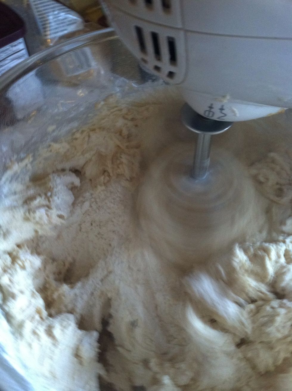 Add flour, baking soda, salt mixture gradually about 1/2 cup at a time. Let mixture become incorporated before adding more.