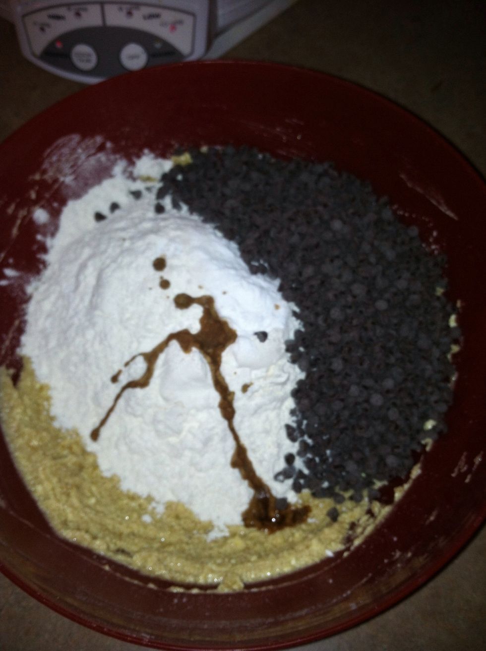 Add flour, baking soda, salt, vanilla and chocolate chips. Mix by hand until all ingredients are blended.