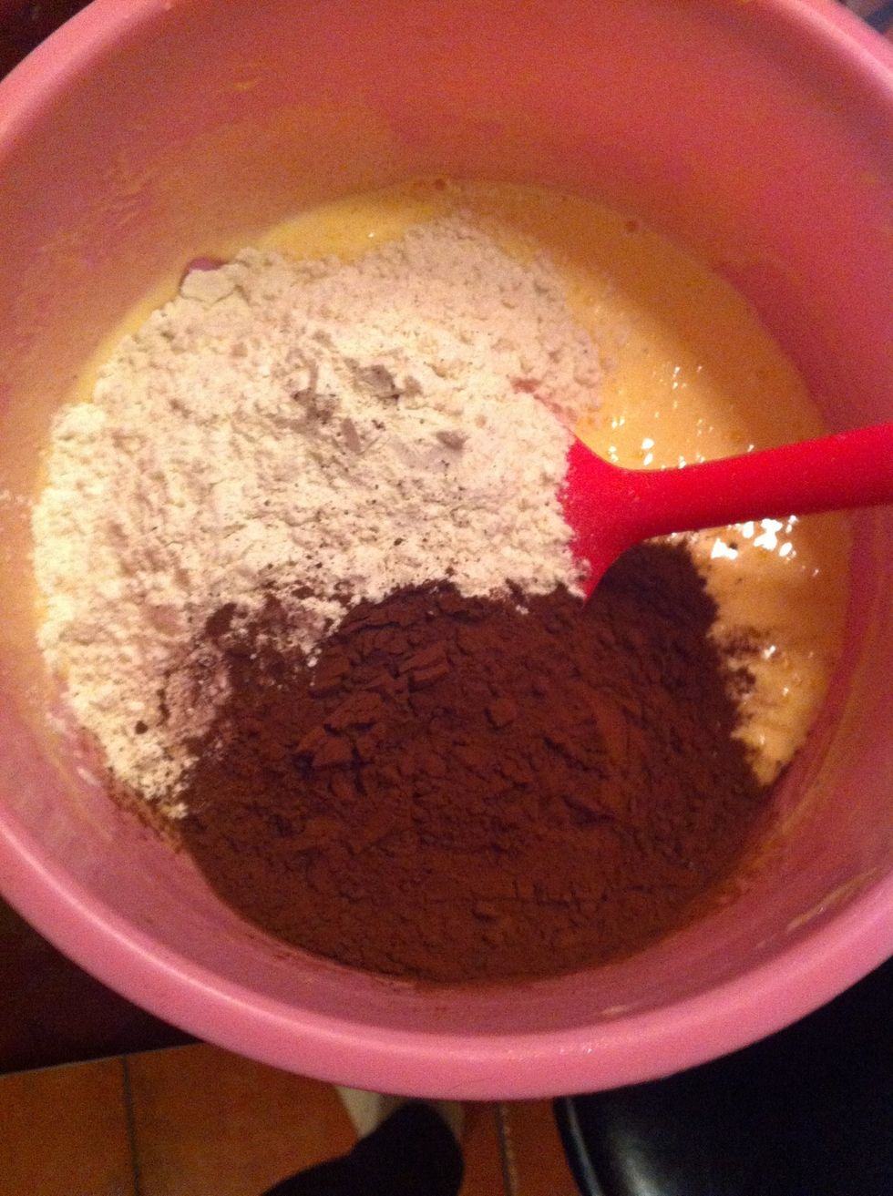 Add flour, cacao and vanilla sugar