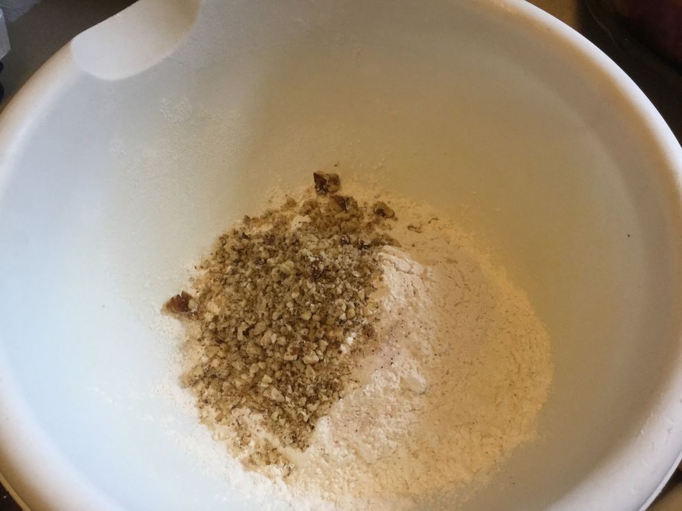 Add flour, chopped walnuts and salt to mixing bowl
