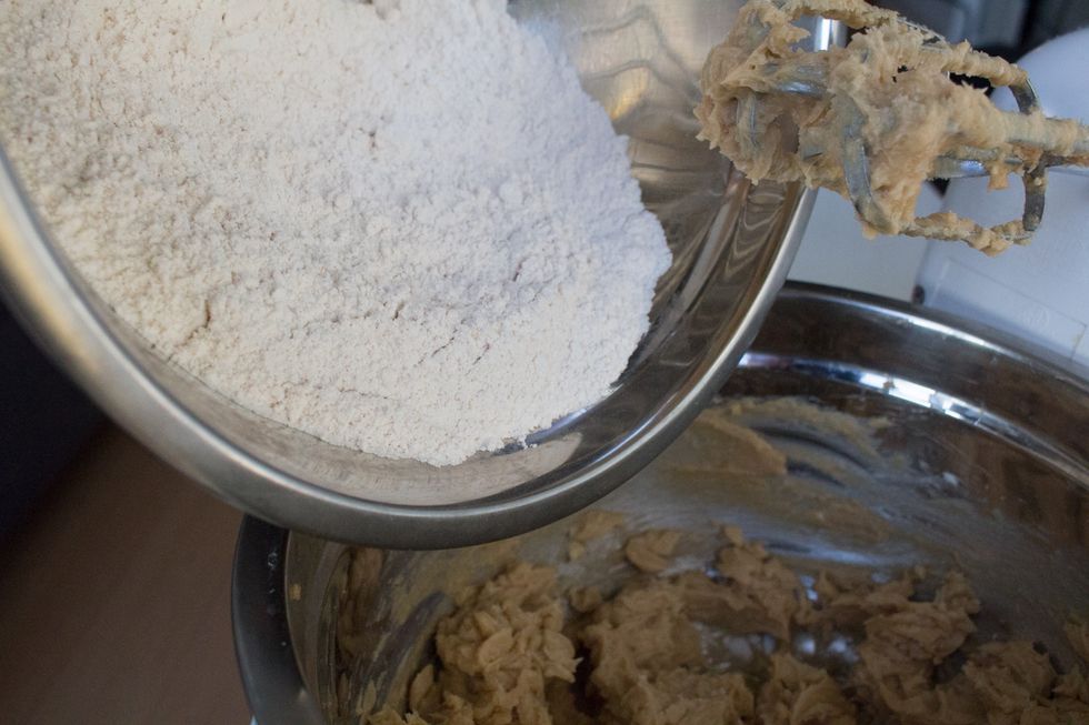 Add flour mixture to butter/sugar mixture and beat well.