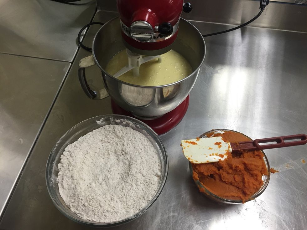 Add flour mixture to egg mixture alternating with the pumpkin, adding about 1/3 of each at a time, beating well, after each addition