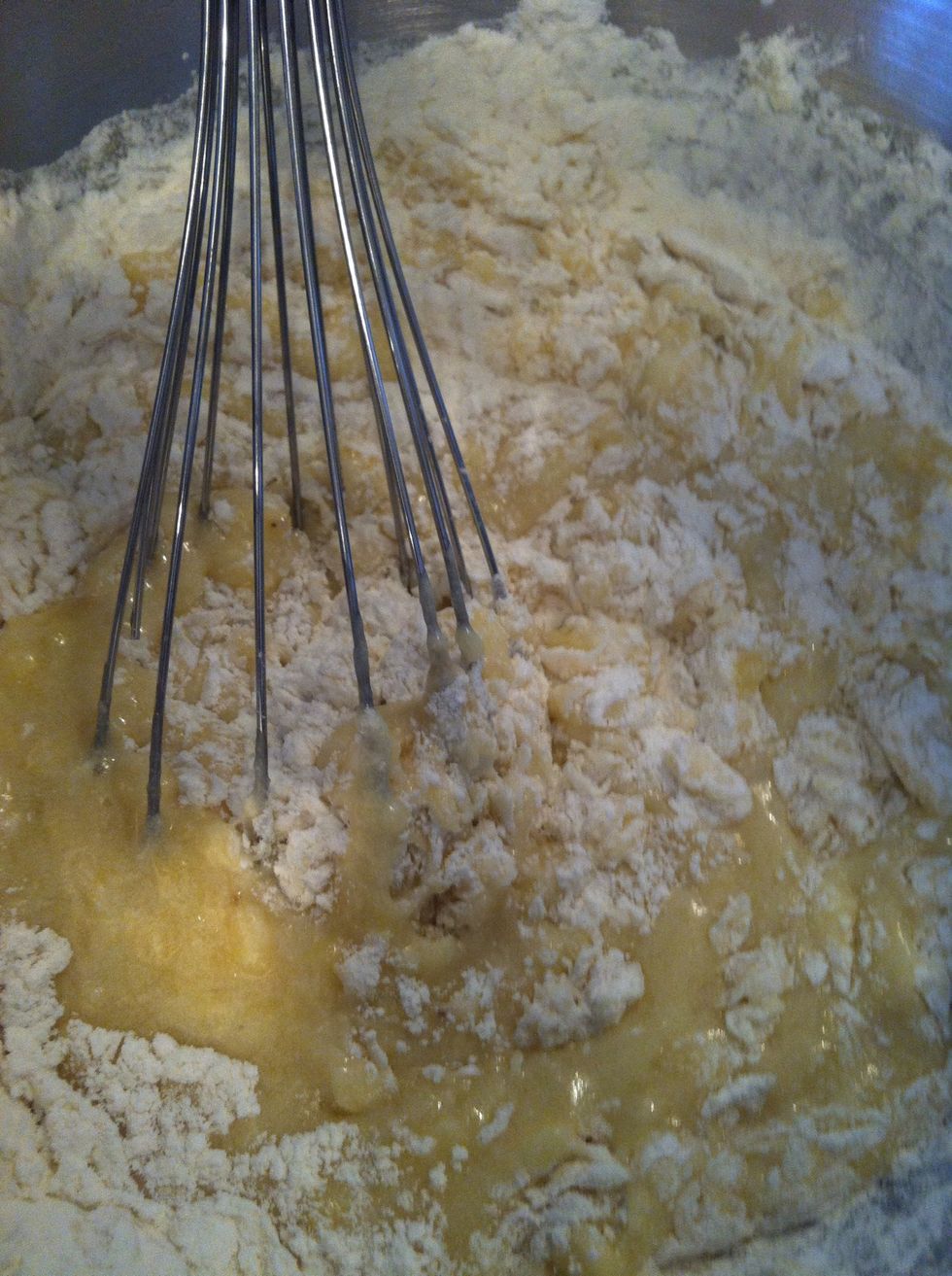 Add flour mixture to wet ingredients. Only stir until moist. Don't over-mix.