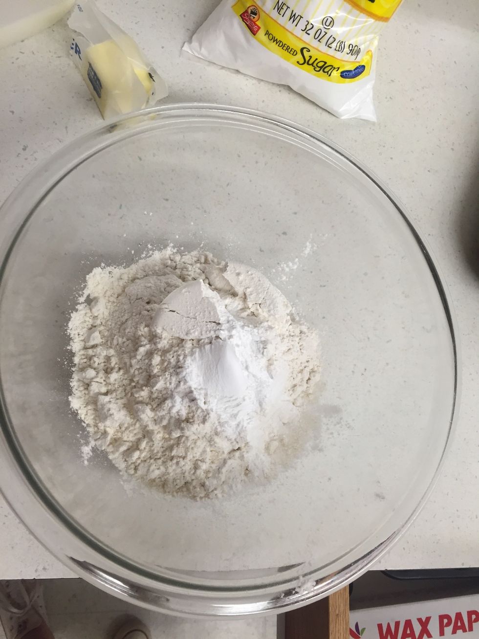 Add flour, salt, and baking powder to mixing bowl. Mix together