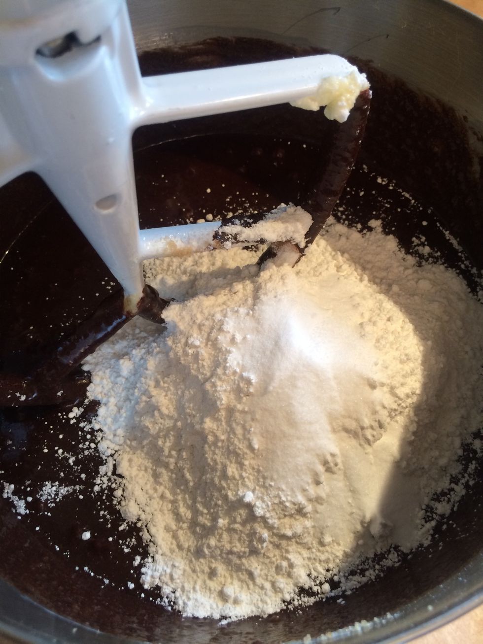 Add flour, salt and baking soda.