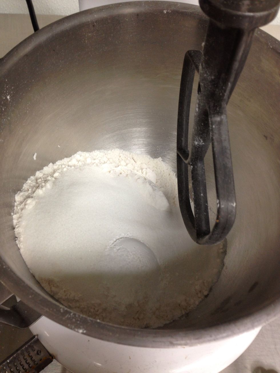 Add flour, sugar, baking powder and salt to a stand mixer.