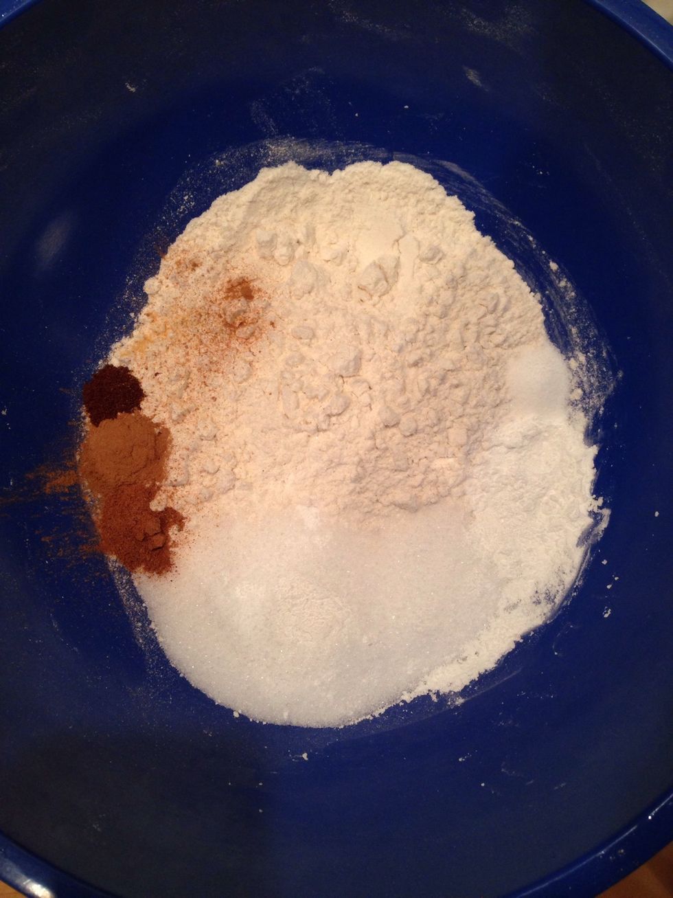 Add flour, sugar, baking powder, salt and spices to a large bowl