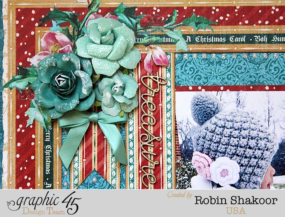 Add flower to the top left corner of the page.  You can use gesso sparingly on top of the flowers to create a snow kissed effect.  Add a bow under the flower grouping.