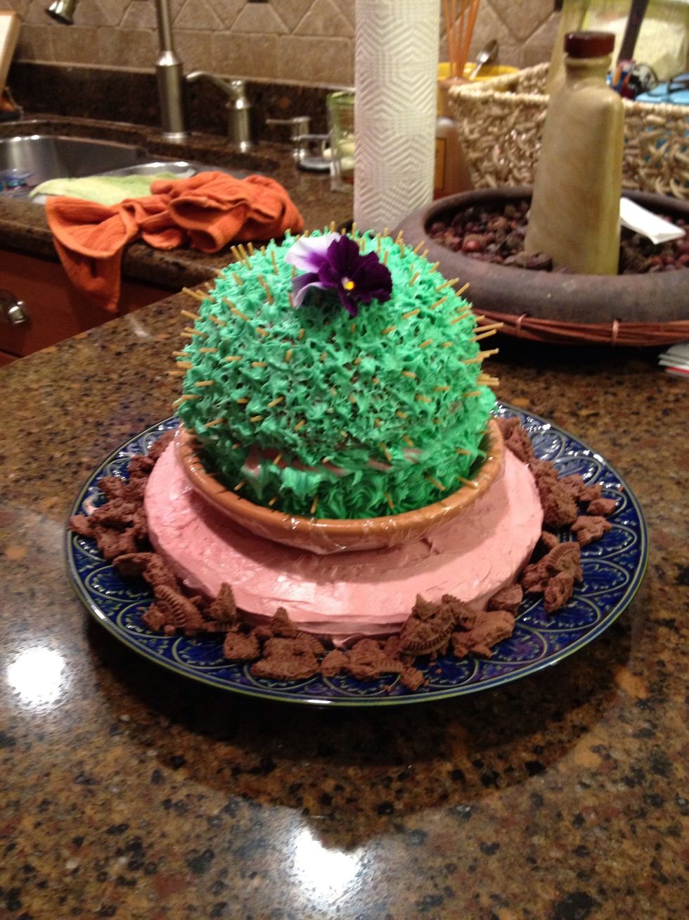Add flower to top of cactus cake and cookie crumbles around bottom.