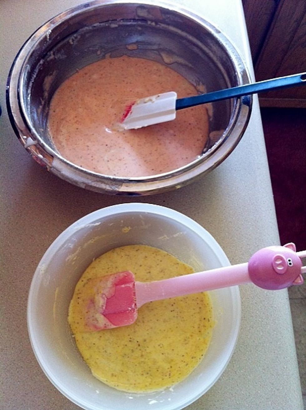 Add food coloring. We added red and yellow color!
