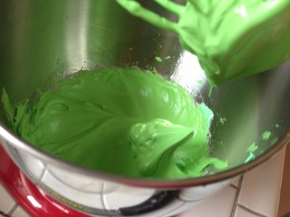 Add food dye and whip until stiff peaks form (2 minutes on high) (sorry these are a little over whipped)