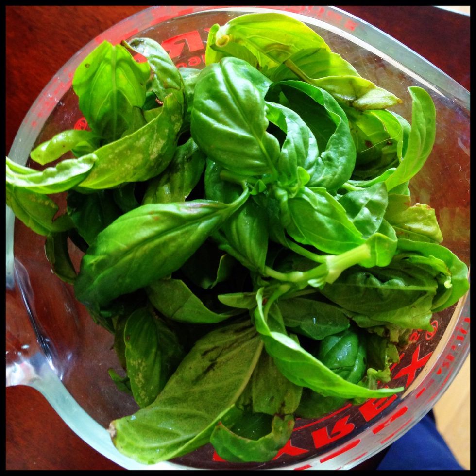 Add four cups of packed basil to the food processor.