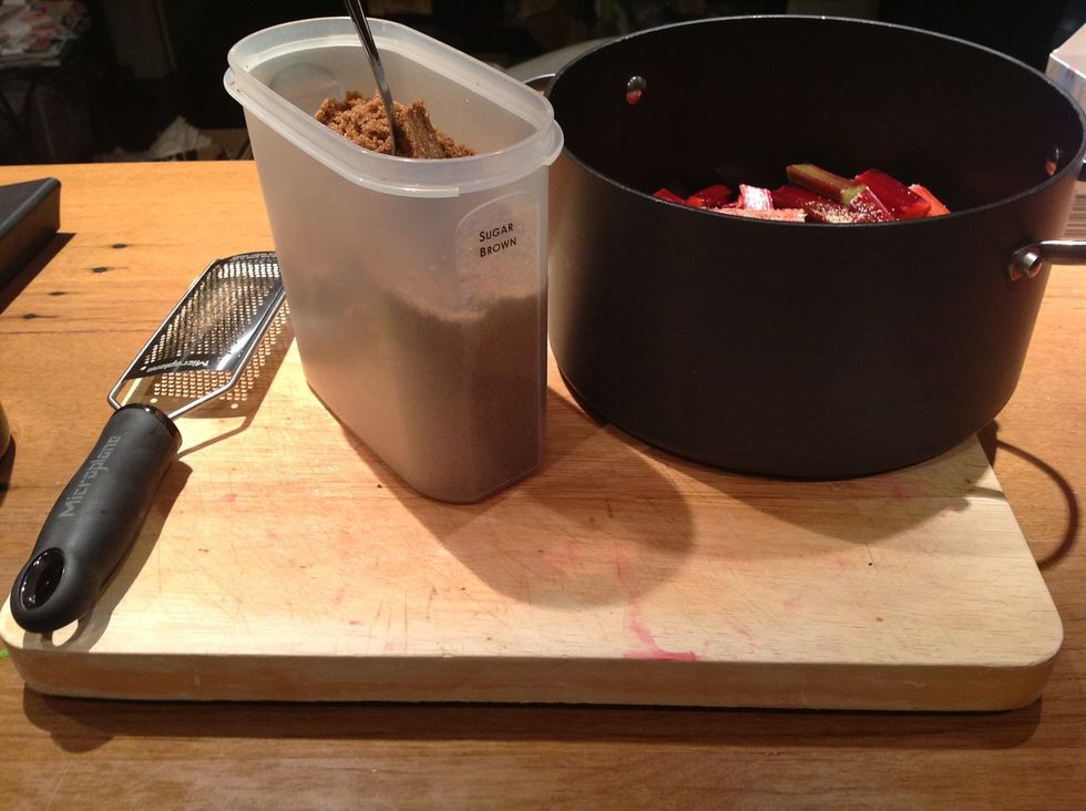 Add four or five dessert spoons of brown sugar. Rhubarb can be sour, so if you don't like sour then add more sugar.