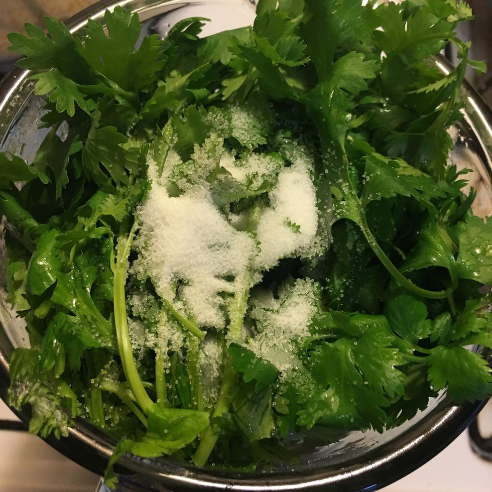 Add fresh cilantro and salt to blender. NOTE: Depending on what you are preparing, blend thoroughly or pulse. Enchiladas, posole- blend well. For chile verde or chips and salsa, pulse.