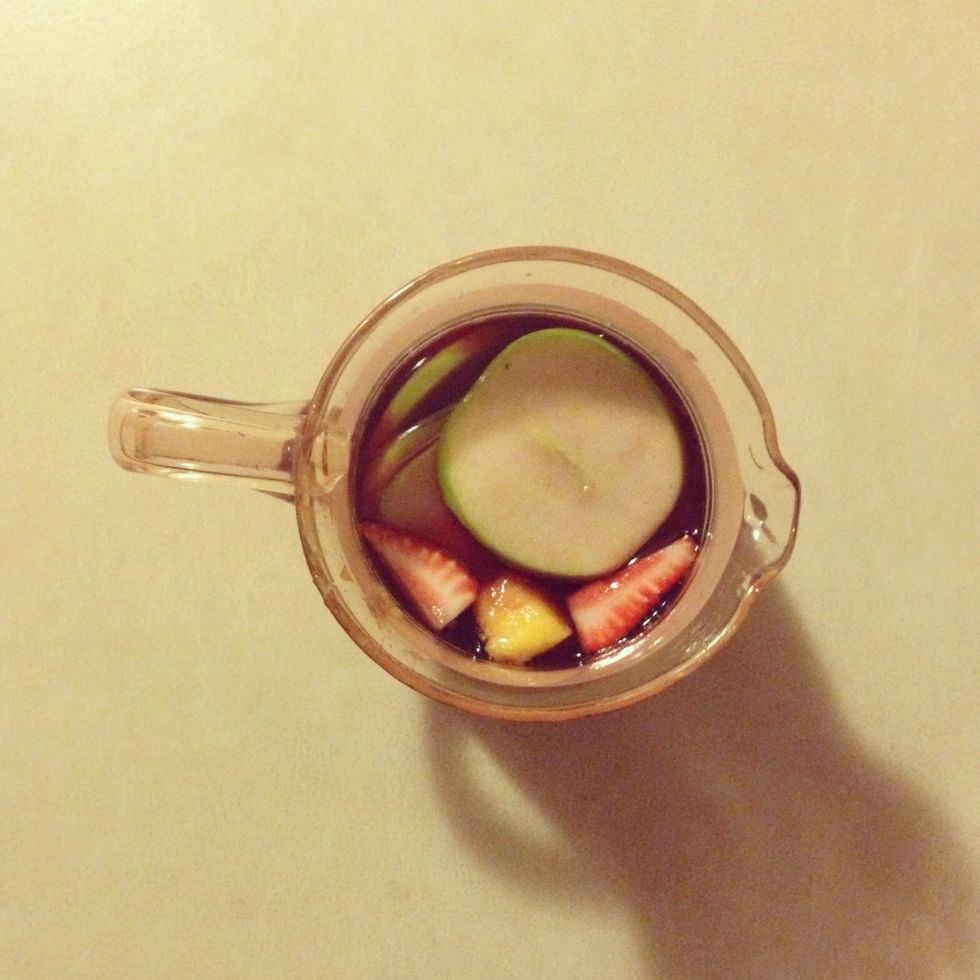 Add fruit to a jug and pour in the wine to the top. Chill for an hour or longer (Note: mangoes will only work if you wait an hour, any longer and they will disintegrate)
