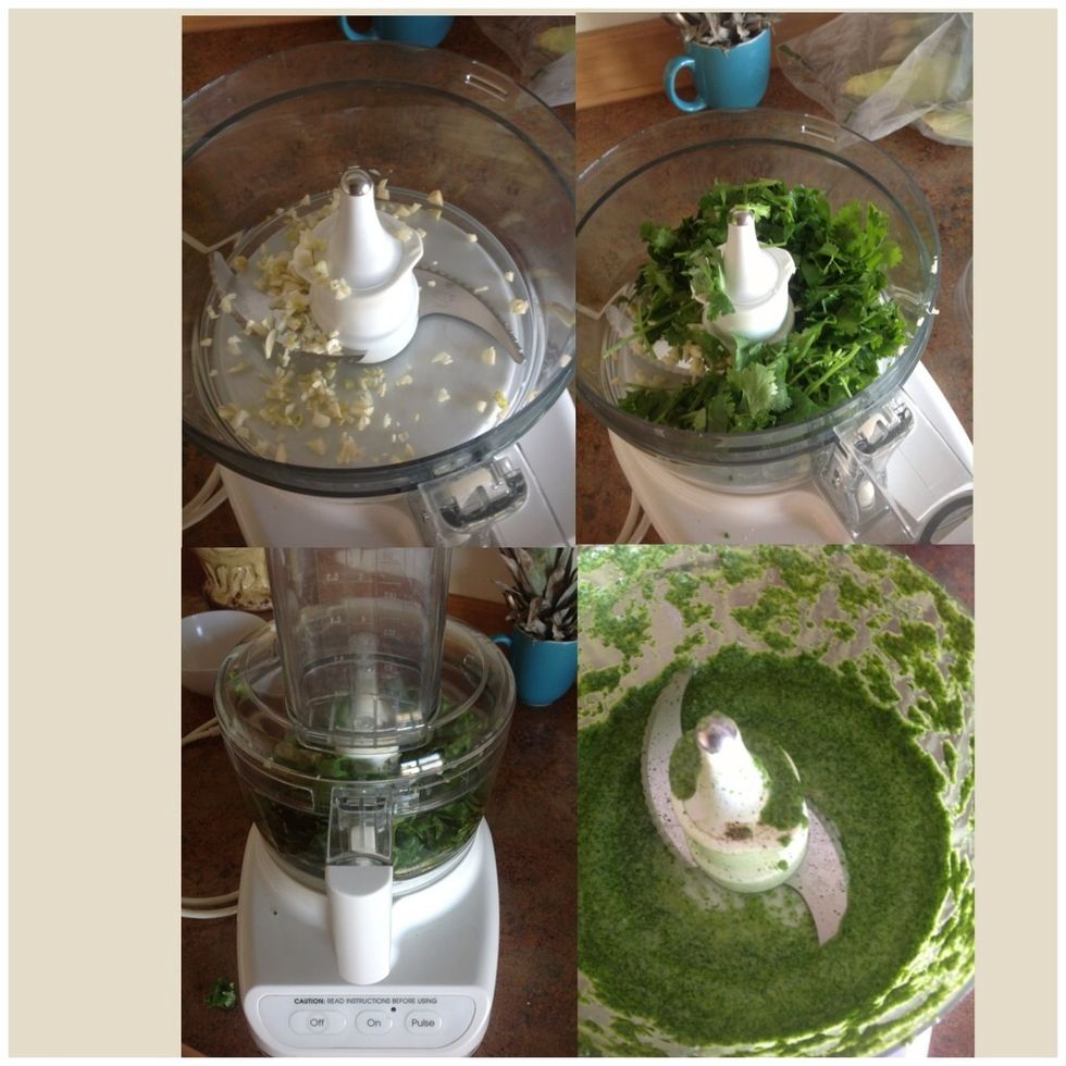 Add garlic, 3/4 bunch of cilantro, olive oil, lime juice, salt and pepper.