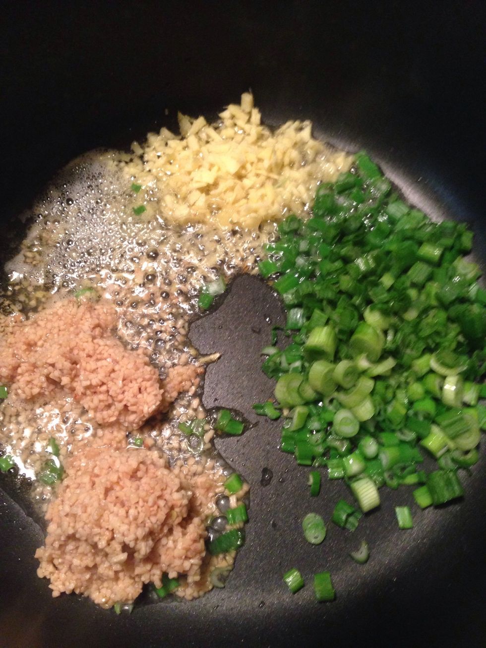 Add garlic, ginger, and green onions in it.