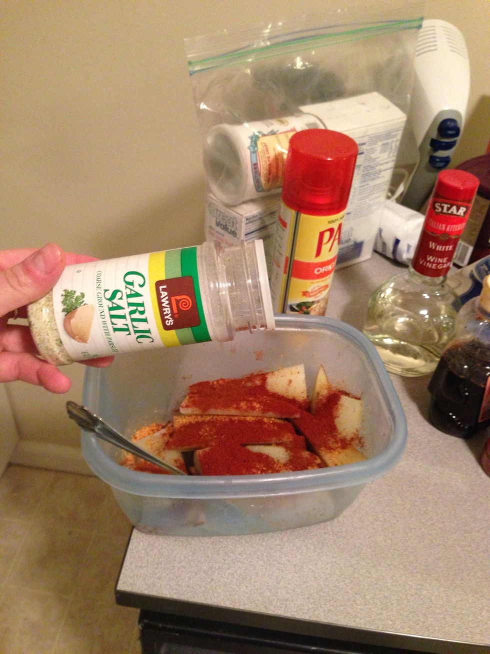 Add garlic salt or powder to taste. I put in garlic salt here, but the potatoes came out on the salty side.