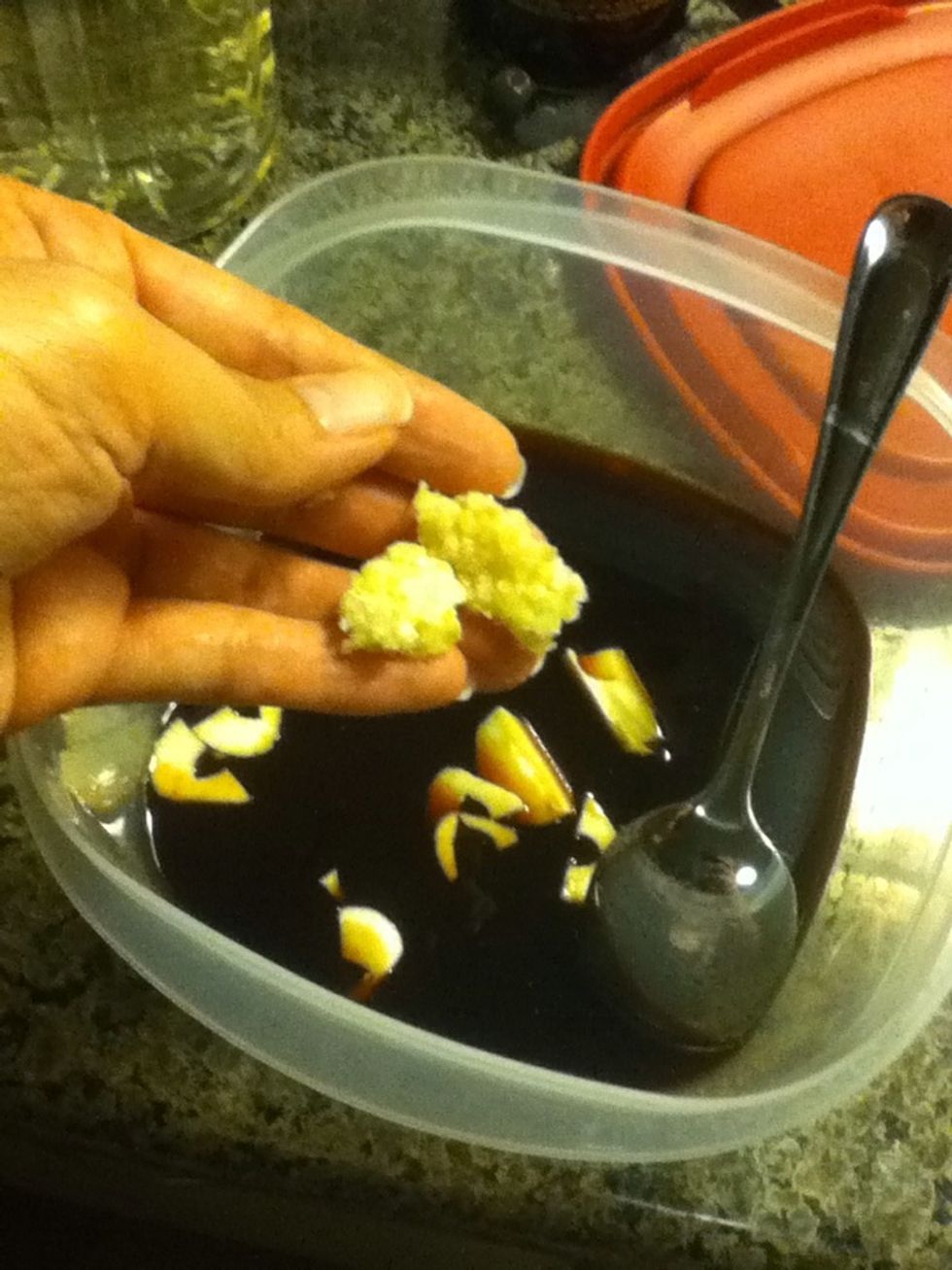 Add ginger. Just like garlic, you can grate, or fine chop. I'm adding fine chopped ginger I put in the freezer a few weeks earlier. They last long time in the freezer and become handy if you prep.