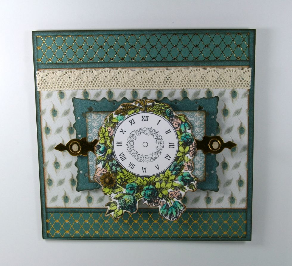 Add gold element from the  Luxury Foiled Toppers Set 2. Layer on a colored image stamped from the A Moment In Time Stamp Set from Downton Abbey.