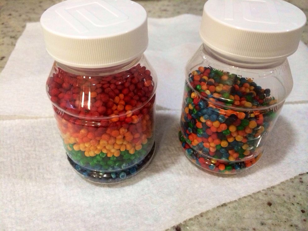 Add grains to clean, dry bottle of choice. Place a small amount of glue around rim and close with lid.
