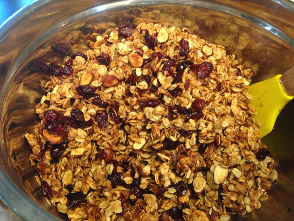 Add granola to a large bowl and add dried fruit if desired.