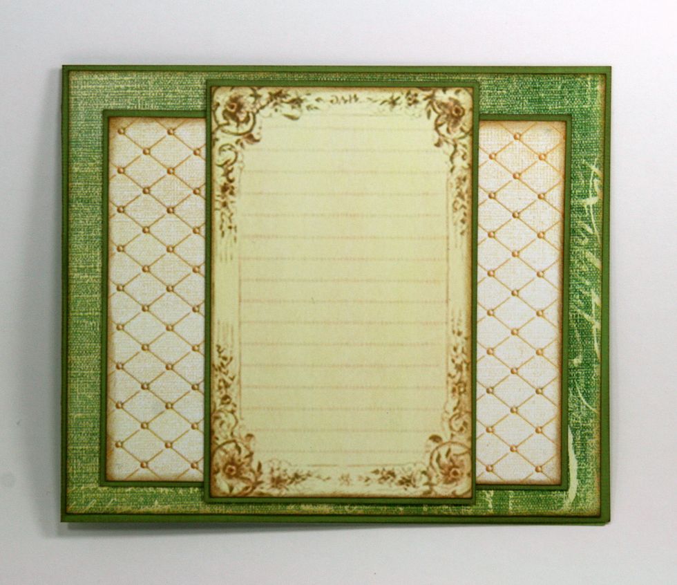 Add green border to well inked journal tag from Crafty Secrets Journal Tag from Digital Scraps Garden Scraps. Center and adhere to card.