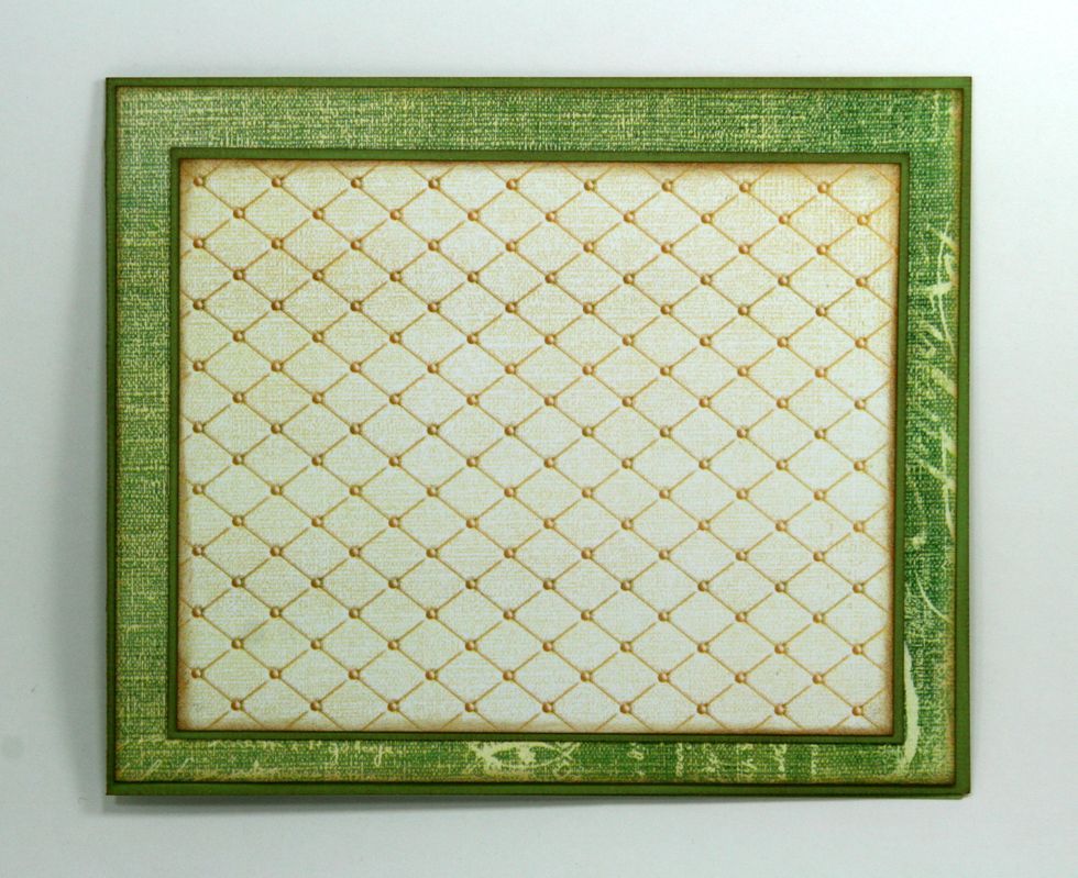 Add green border to well inked printed paper from Crafty Secrets Creating with Vintage Christmas CD6 Pillow Paper. Center and adhere to green base.