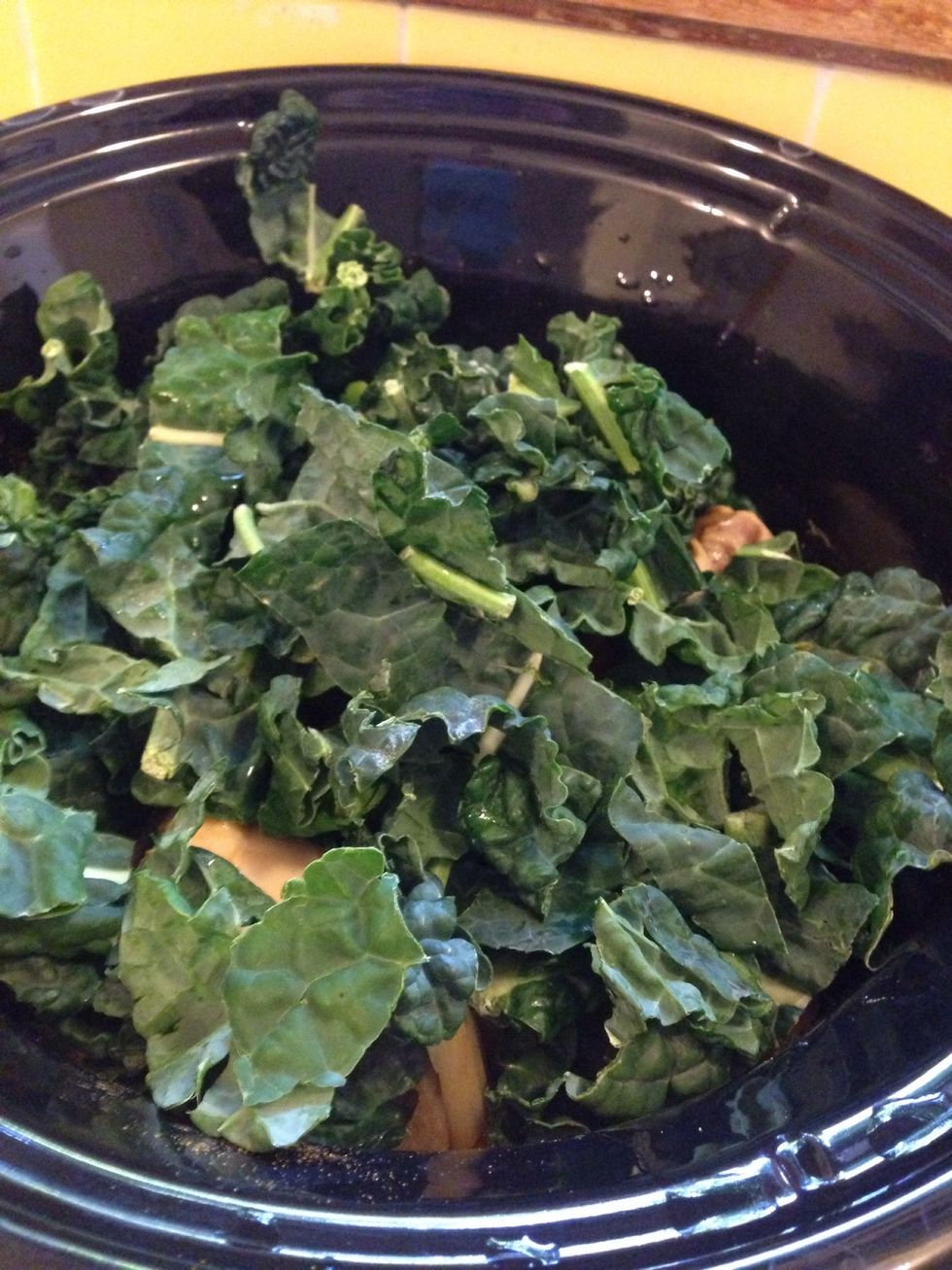 Add greens like kale 5-10 mins before pot is done. Place them on top, do not mix in.