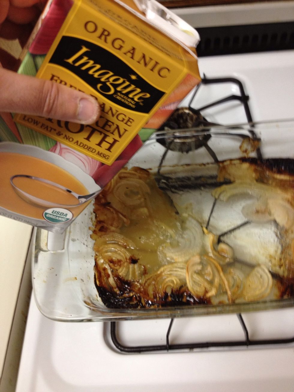 Add half a cup of chicken broth to oven tray
