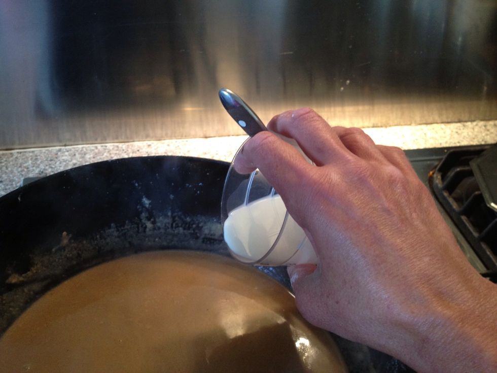 Add half of the corn flour-water mix and bring to the boil. If the gravy is to thin add more. If it is to thick add some milk, this will dilute the taste, and can gravy be too thick?