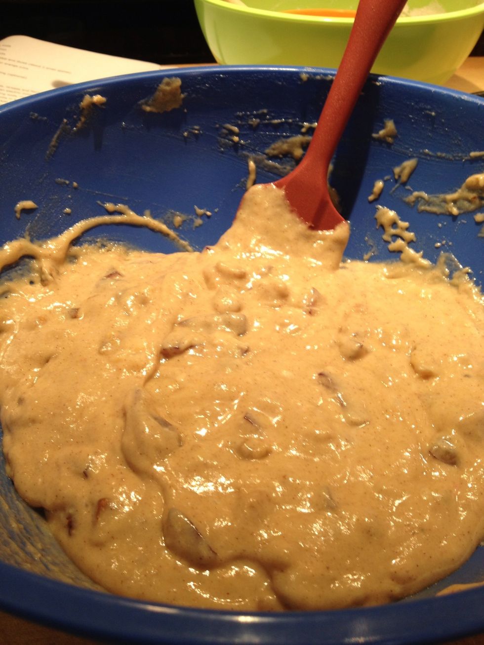 Add half of the flour mixture to the tehina and sugar and stir. Add half of wet mixture and stir. Add remaining flour mixture and orange juice and stir until evenly combined.