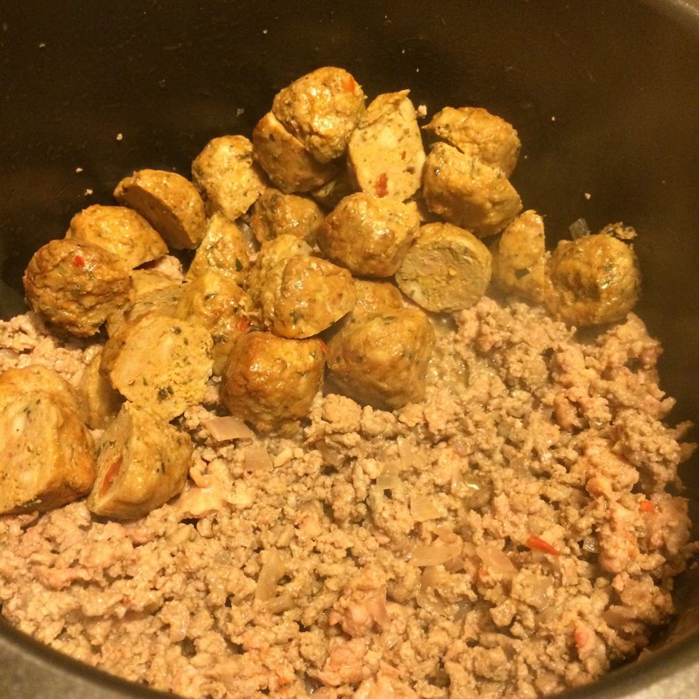 Add halved meatballs...