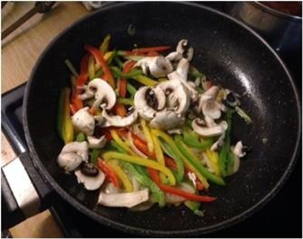 Add handful of diced mushrooms and fry until soft at high heat. Handful mushrooms per serving
