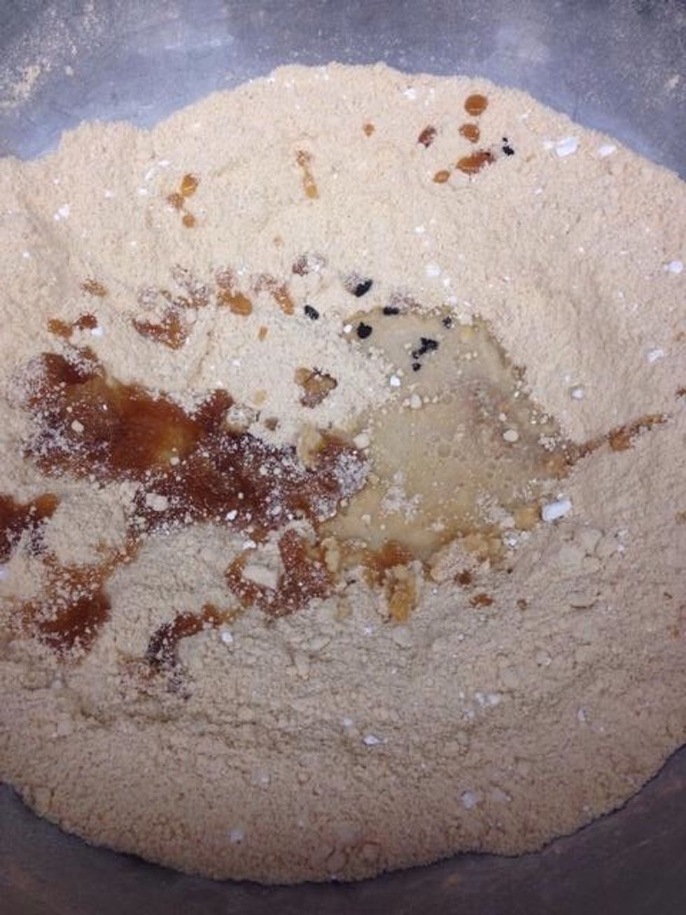 Add honey, water, vanilla extract, salt and scraped vanilla bean.