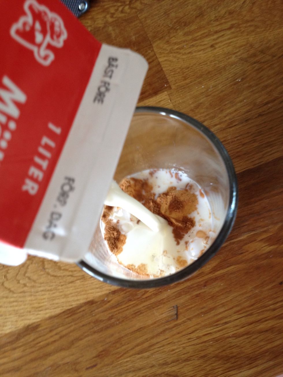 Add: ice, cinnamon & milk. Stir it