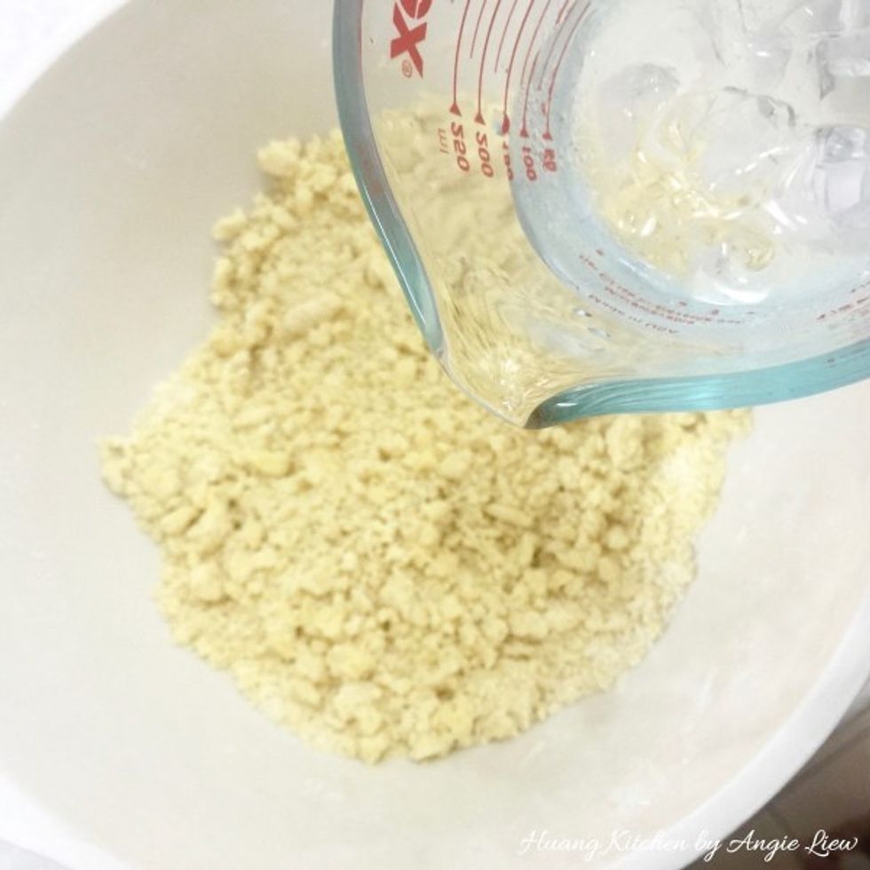 Add ICE COLD water, a little at a time over the pastry until the dough comes together in a ball. (Add a little more ice water if needed).
