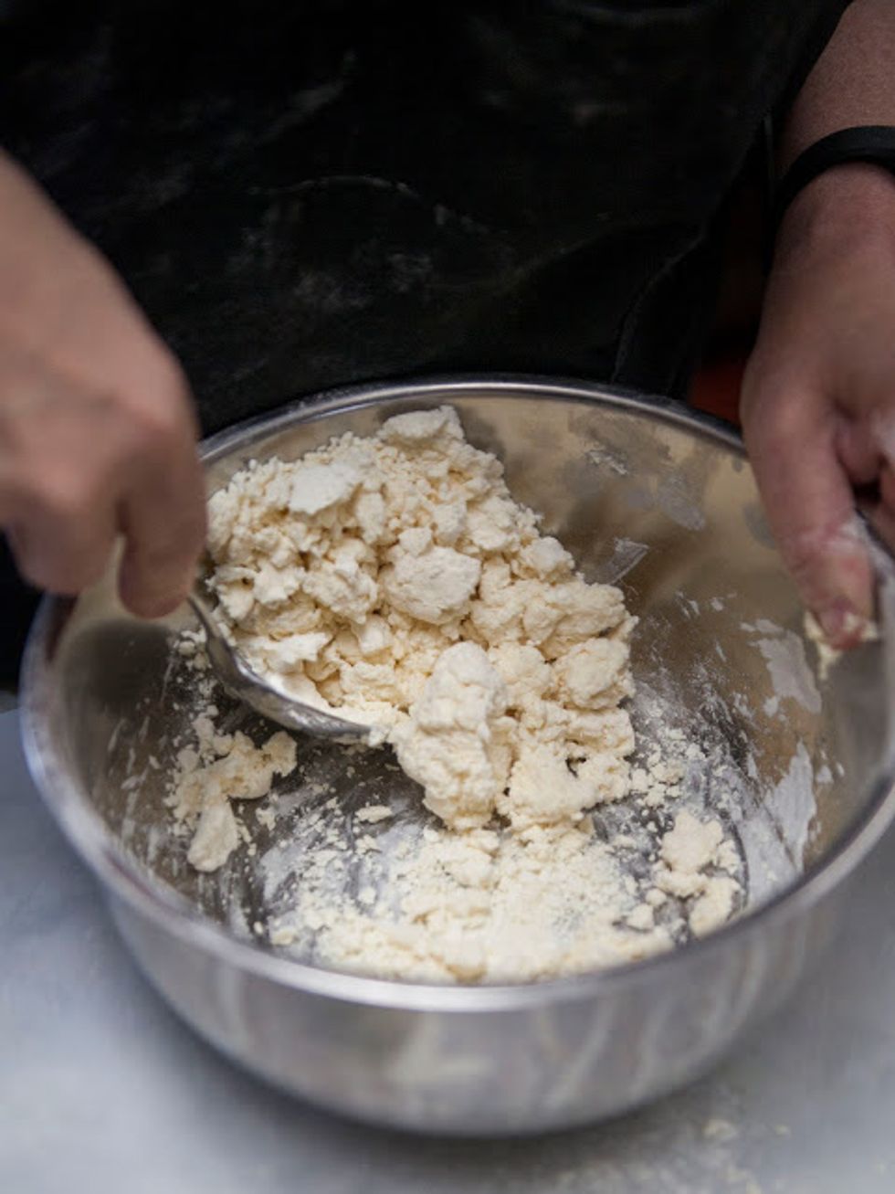 Add in 1/4 cup of cream. Stir with a spoon until you have a nice soft dough. If you need to add a bit more whipping cream to get it where you want it...do so.