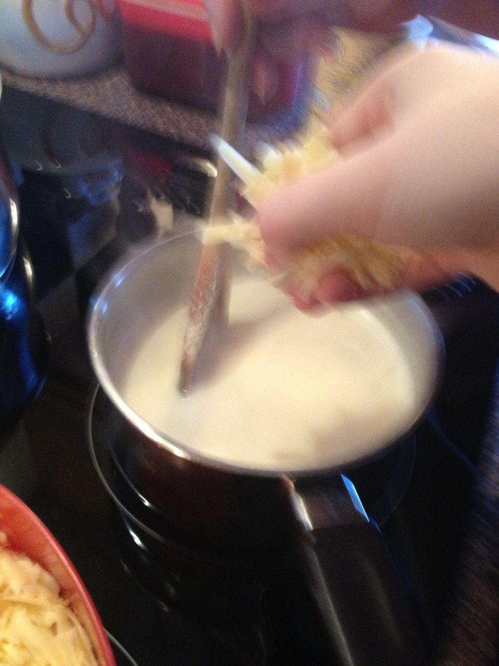 Add in a few generous handfuls of grated cheese, stir until melts