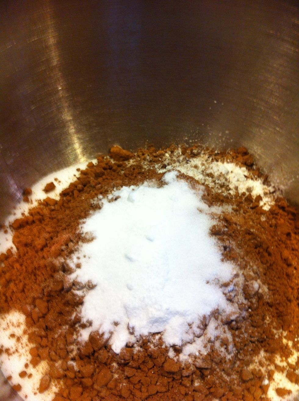 Add in a mixing bowl: 1 3/4 c all purpose flour, 2 cups sugar, 2 tsp baking soda, 1 tsp salt, 1 tsp baking powder and 3/4 c cocoa. No need to sift :) Dump it all in