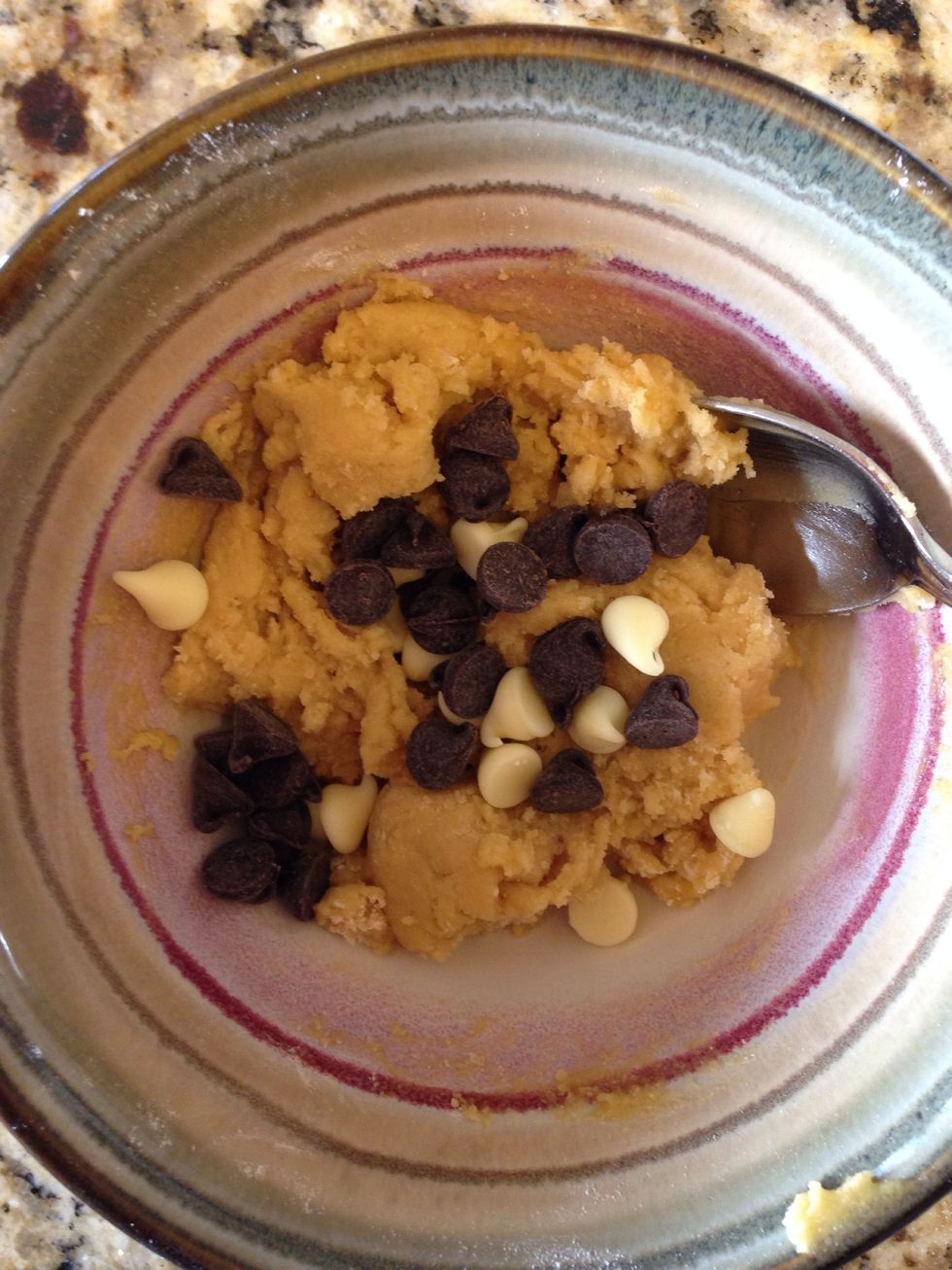 Add in a small handful (about two tablespoons) of chocolate chips. I used some white and some semi-sweet
