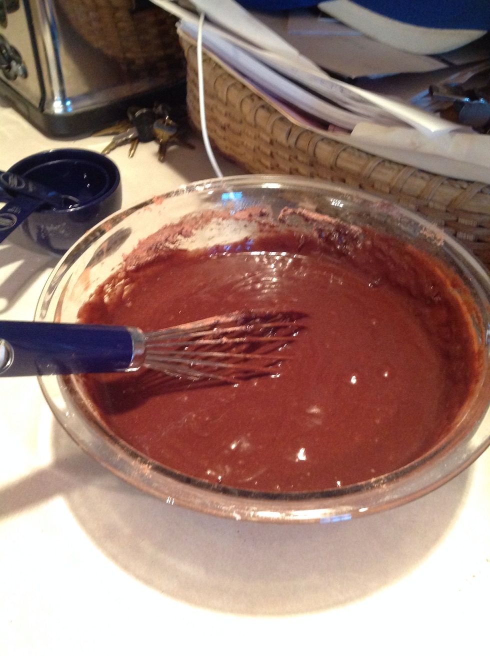 add in all of your wet ingredients ( milk, vegie oil, vanilla extract, and eggs) the batter will be thick, but that's ok