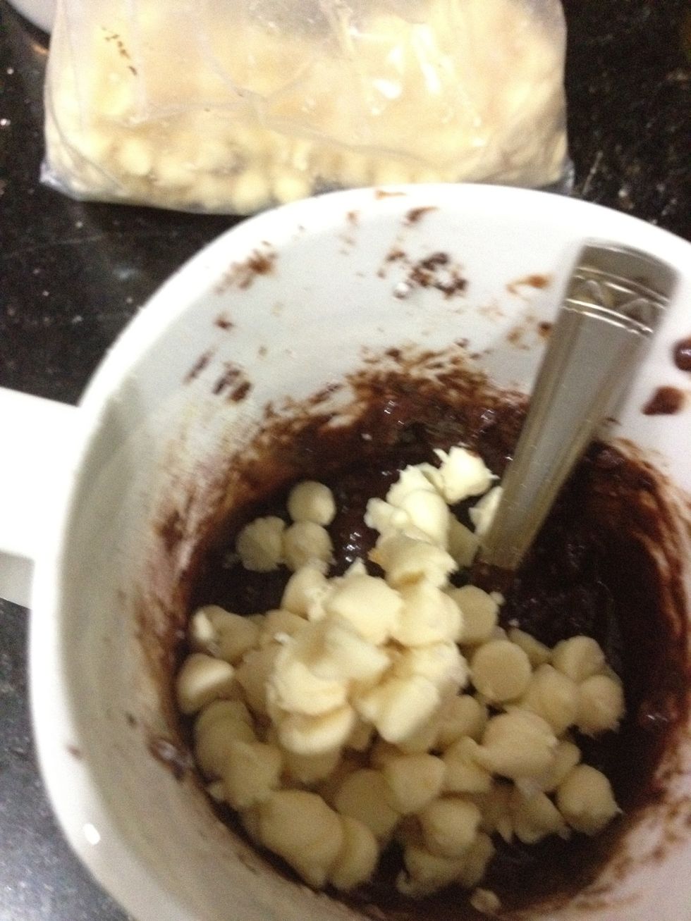 Add in chocolate chips. Again, this was for my sister and she prefers white chocolate chips. :) Anything works.